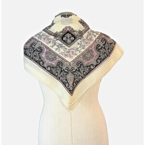 Vintage 1980's Glentex Paisley Cream Pink Scarf Shawl Hand Rolled 30" Sq EUC
